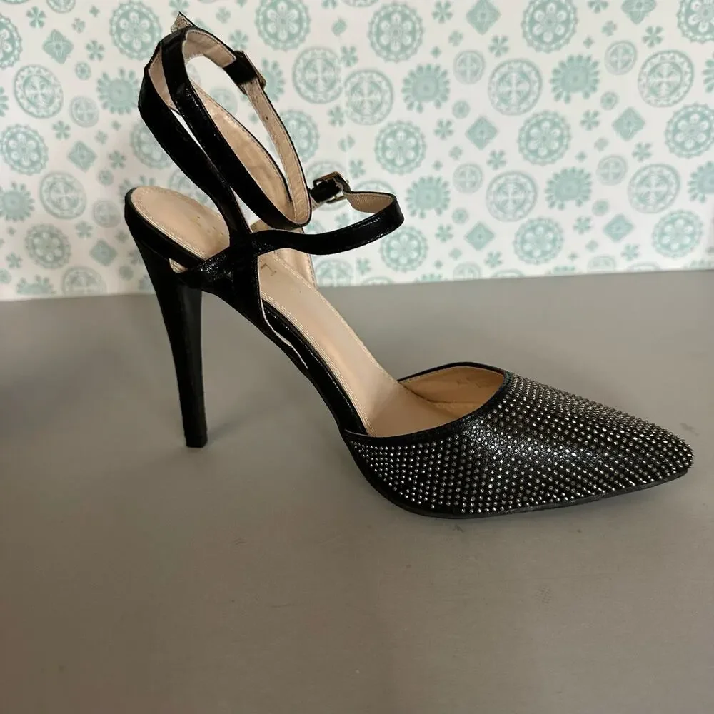 Liliana Womens Size‎ 10 Heels Pumps Stiletto Black Rhinestones Ankle Strap - Picture 5 of 13